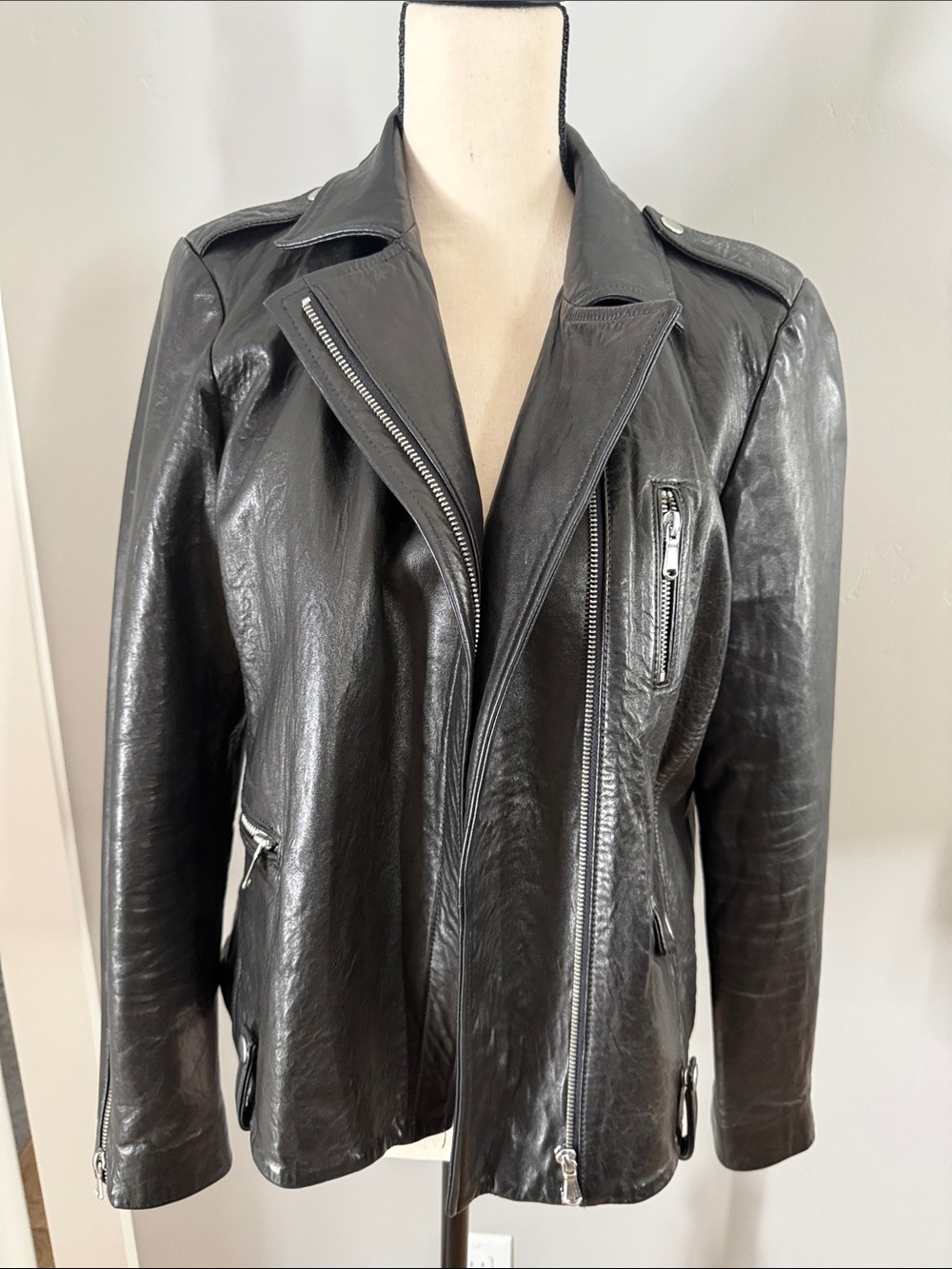 Frame Denim Black Leather Moto Jacket with Silver Hardware